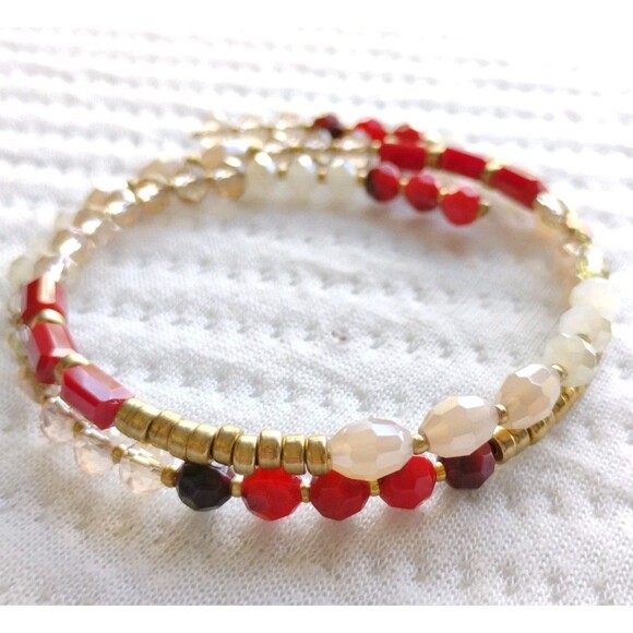 womens Boho bracelet Red/Gold Beaded Memory Wire Wrap White classic preppy - Picture 1 of 6